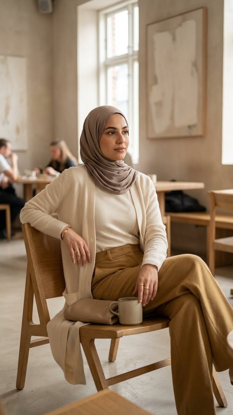 Hijabi woman in a long knit cardigan and wide-leg trousers in a chic setting, showcasing relaxed elegant modest fashion.