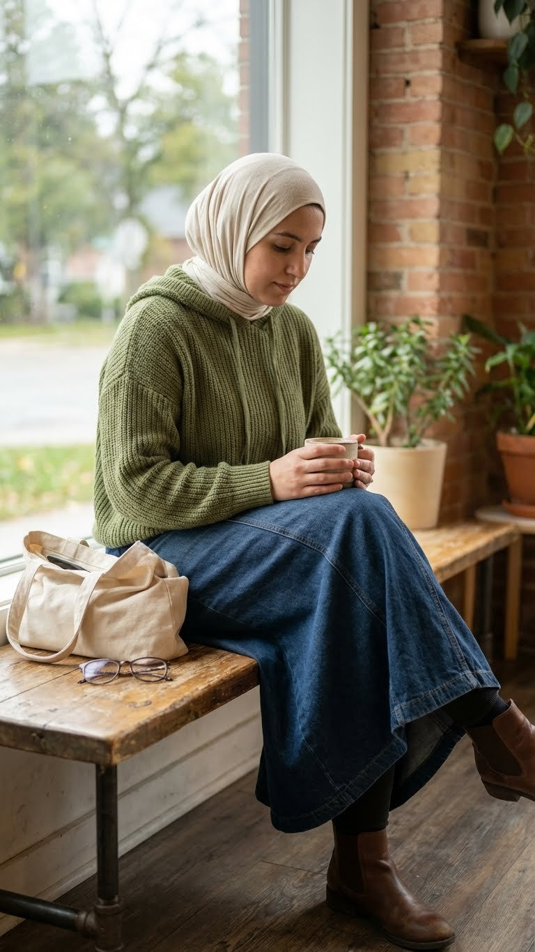 Hijabi woman in a maxi skirt with thermal layering and an oversized hoodie, showcasing practical modest winter comfort.