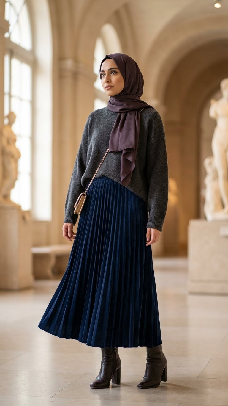 Hijabi woman in an elegant pleated skirt and tunic in a sophisticated setting, showcasing graceful modest winter style.