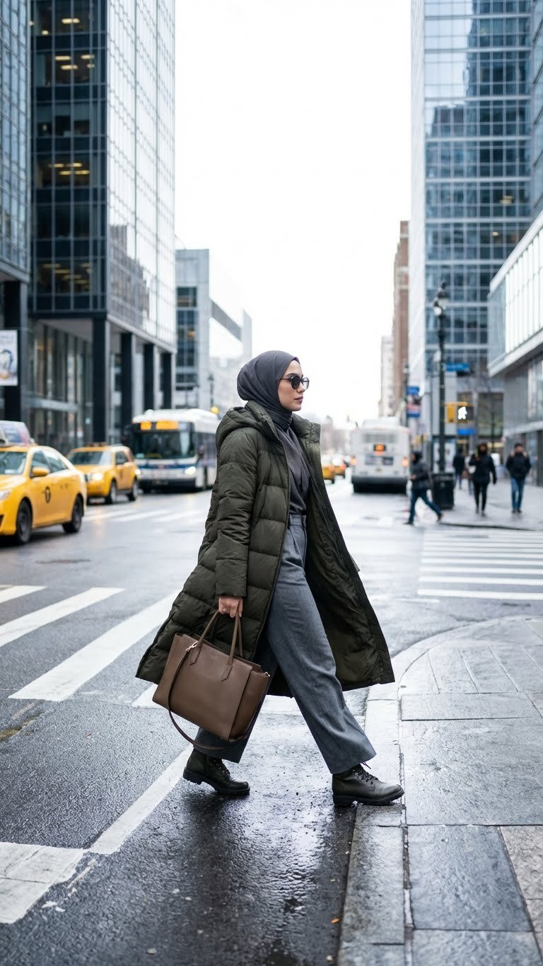 Hijabi woman wears a stylish longline puffer jacket and wide-leg trousers in an urban setting, showcasing modern modest winter style.