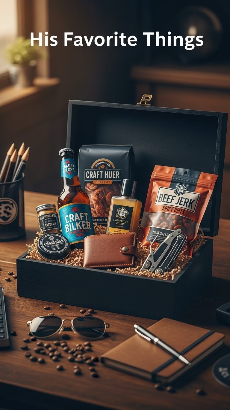His favorite things basket with craft beer, leather wallet, grooming products, and gourmet snacks on dark wooden desk