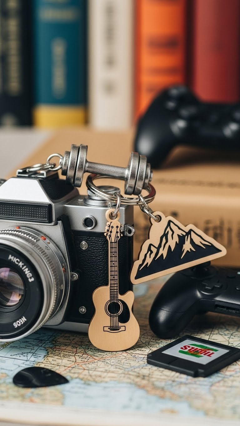 Hobby-themed guitar-shaped keychain resting on sheet music background with miniature guitar pick prop in soft focus.