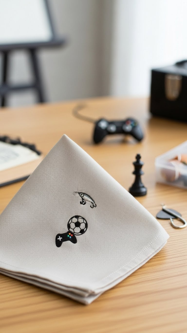 Hobby-themed motif embroidery on neutral cotton handkerchief with fishing or guitar icon on light wood table