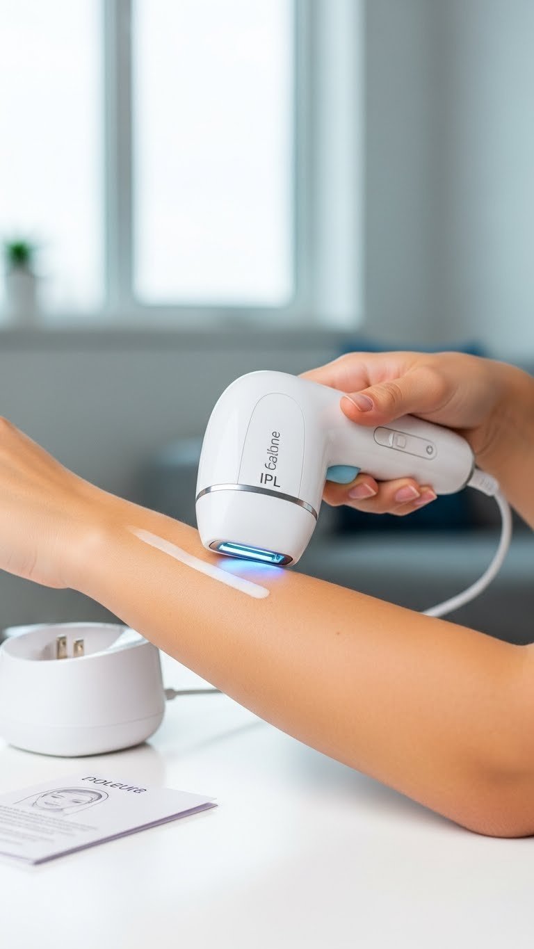 Home IPL device glowing against teen's skin on clean white surface in modern minimalist setting