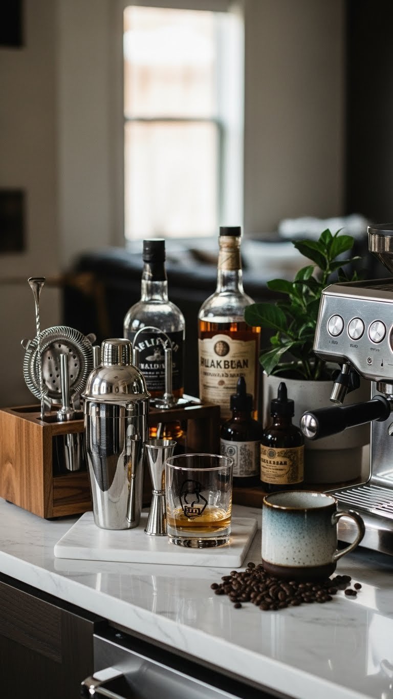 Home bar setup with whiskey glass and bar tools on dark wooden cart with bottle