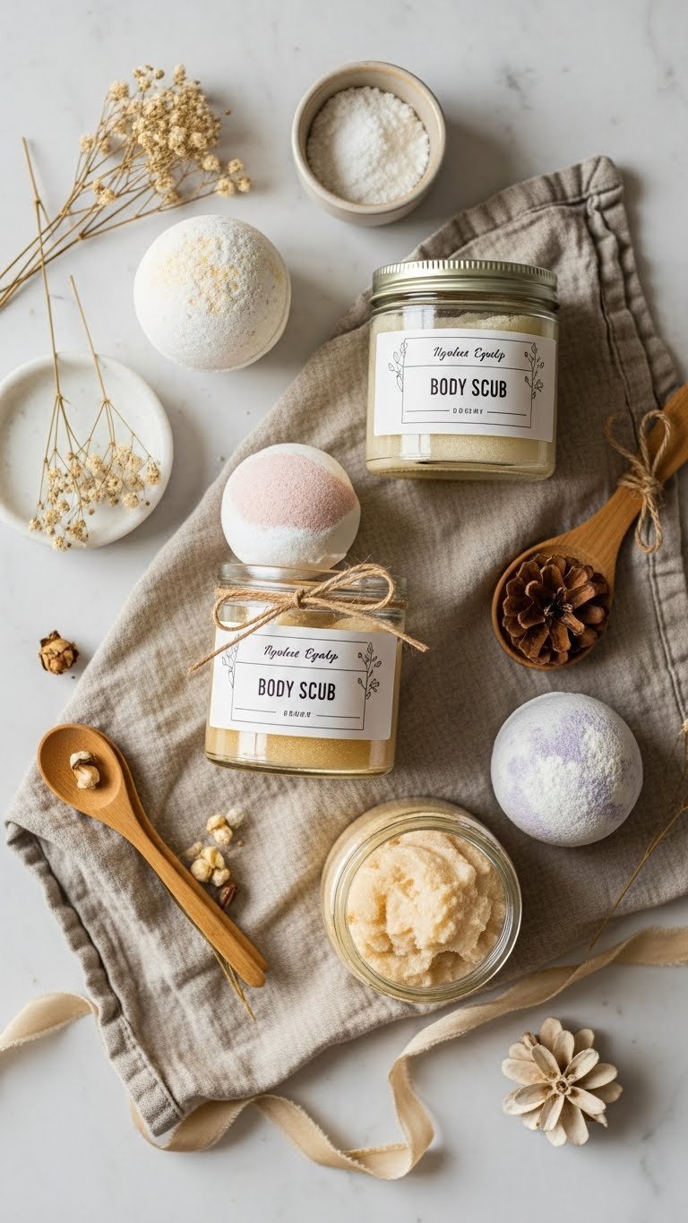 Homemade bath bombs and body scrubs in elegant glass jars arranged on marble countertop with dried flowers