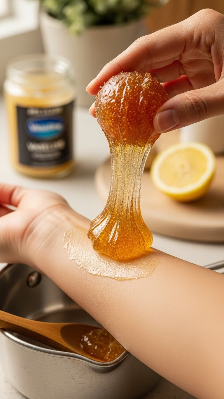 Homemade sugaring wax with Vaseline applied to skin for natural hair removal treatment