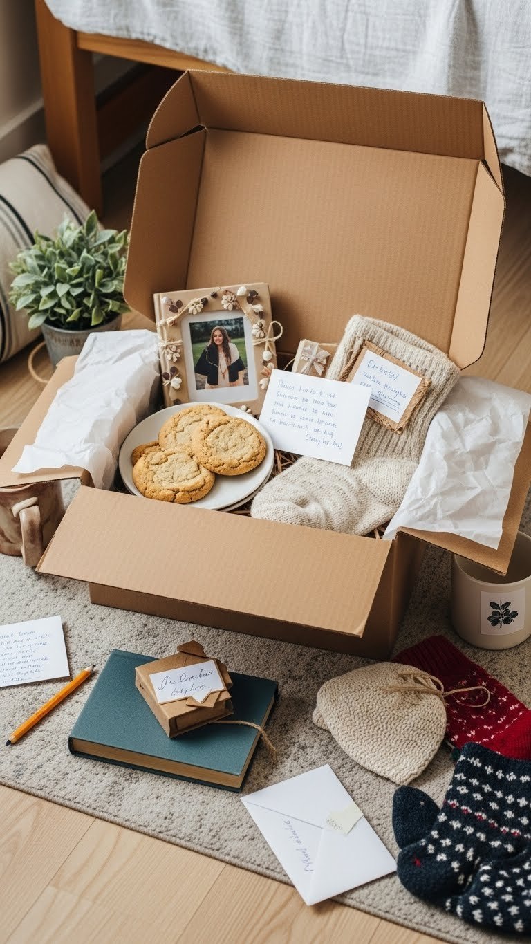 Homesickness care package filled with cookies, socks, and personal items in open cardboard box