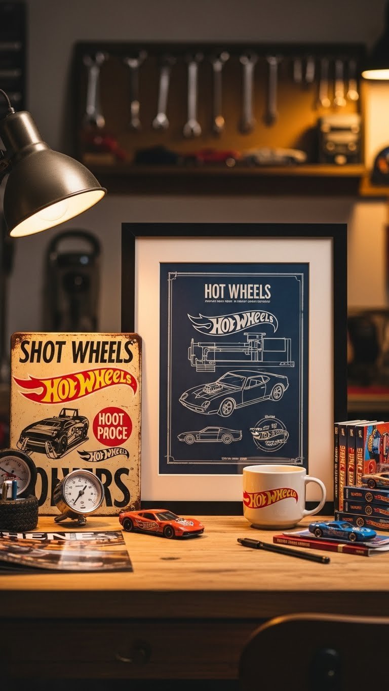Hot Wheels themed garage decor including vintage metal sign and framed blueprint art arranged on rustic wooden desk.