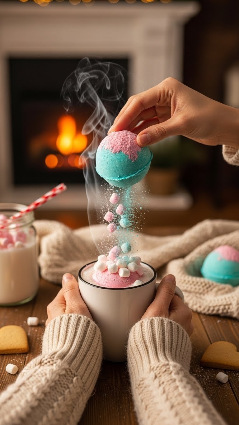 Hot cocoa bomb dissolving in steaming milk mug releasing pink or blue marshmallows for cozy gender reveal moment