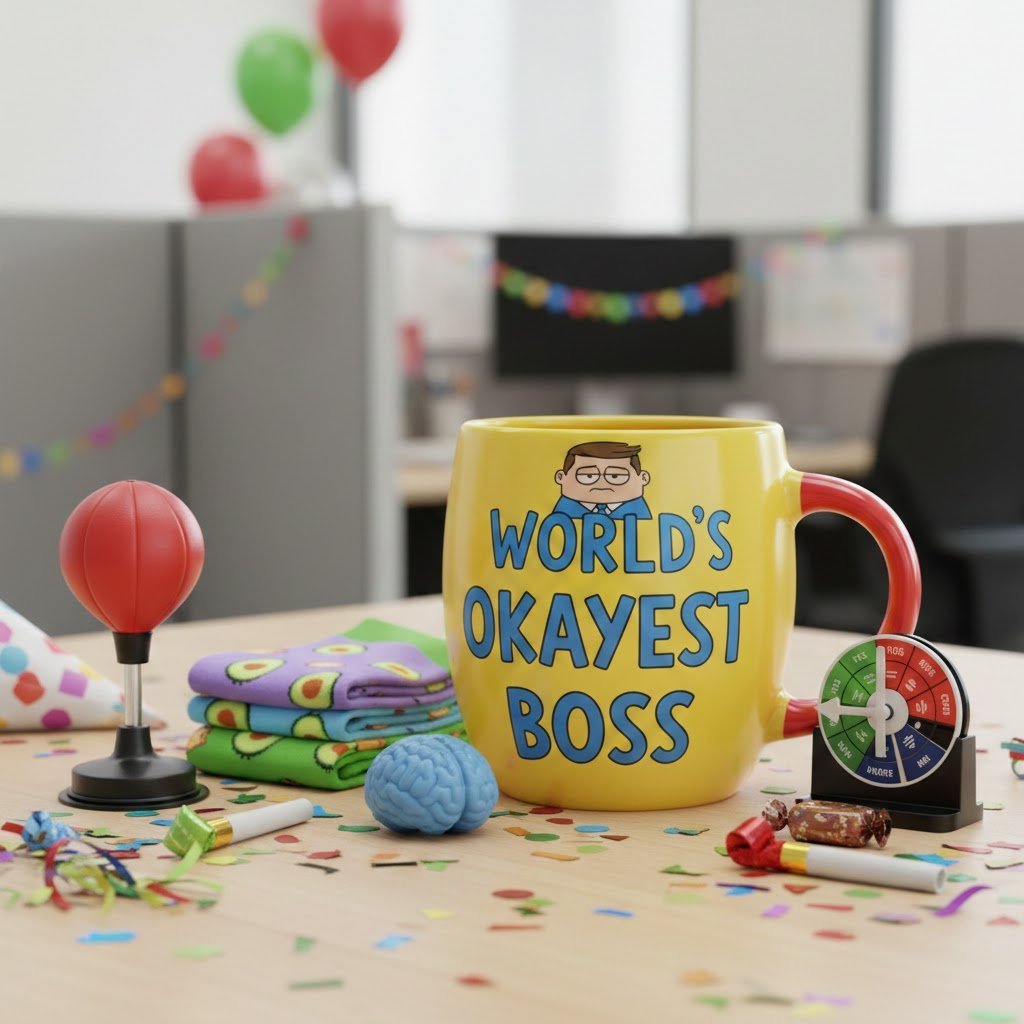 Humorous gag gift collection featuring oversized novelty mug surrounded by quirky desktop accessories and party favors.