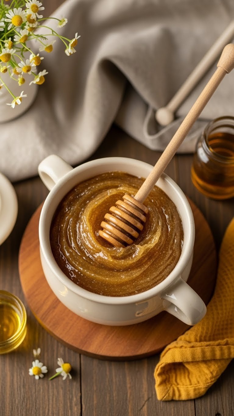 Hydrating honey and baking soda hair softening mask in ceramic pot with wooden dipper on rustic table