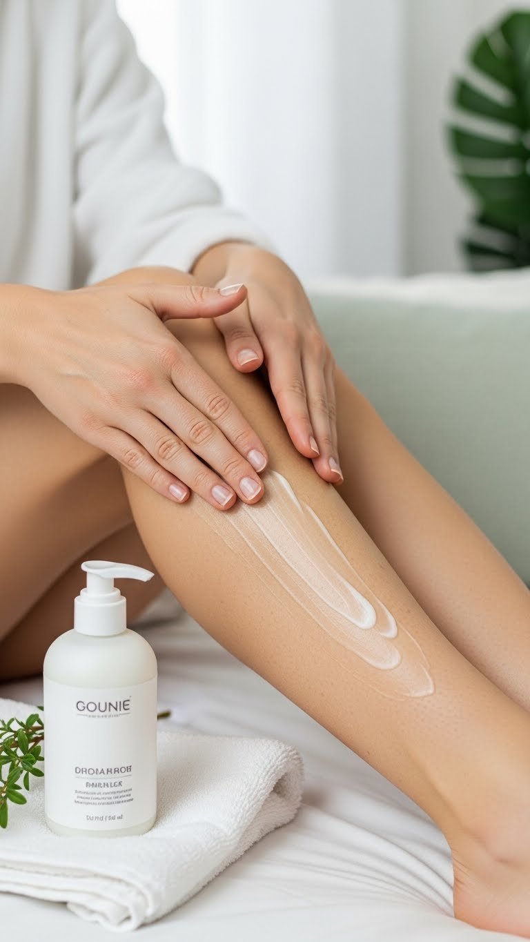 Hydrating lotion massage on freshly depilated smooth leg showing gentle absorption into skin