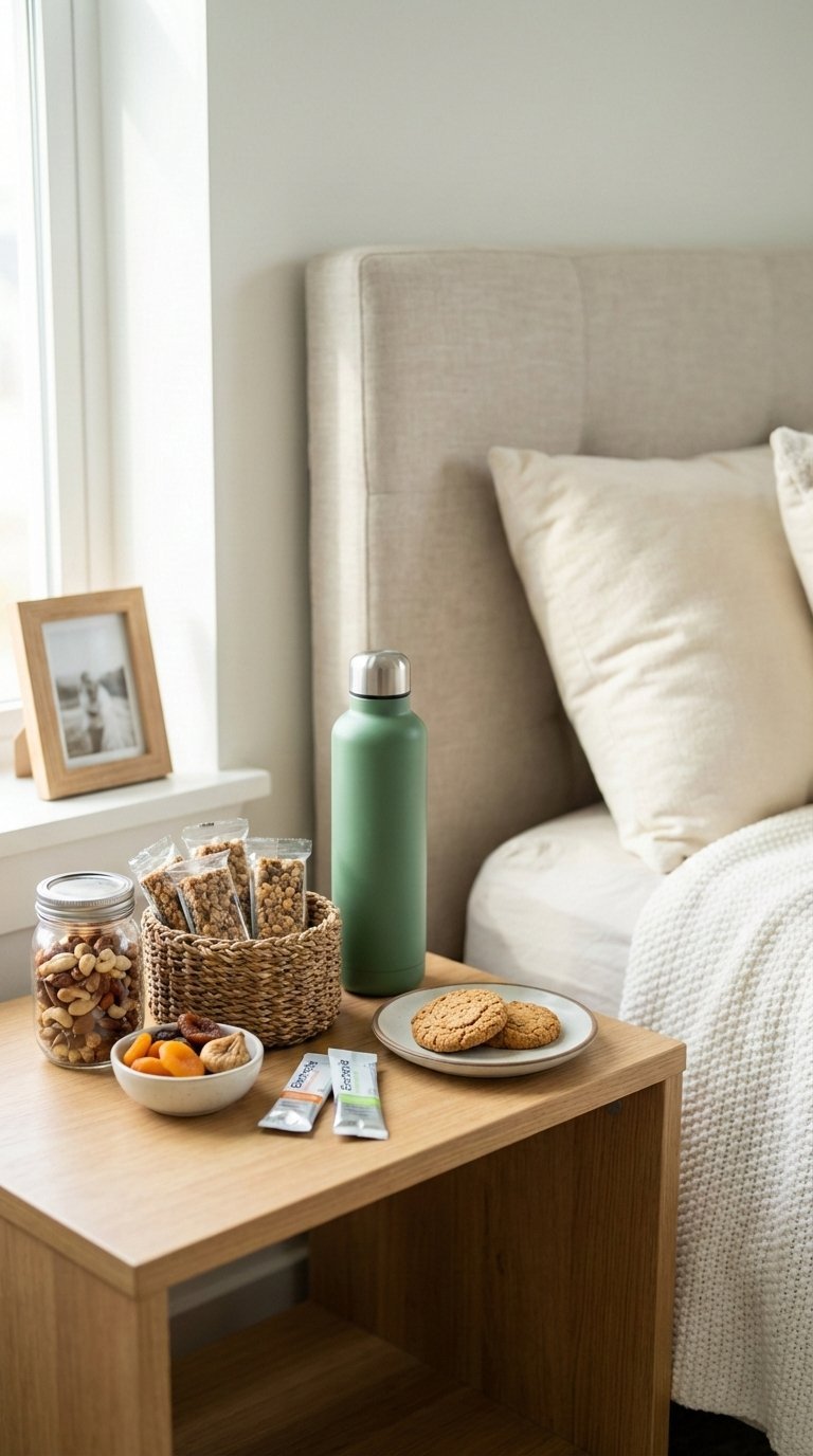 Hydration station with insulated water bottle and healthy snacks organized on minimalist bedside table.