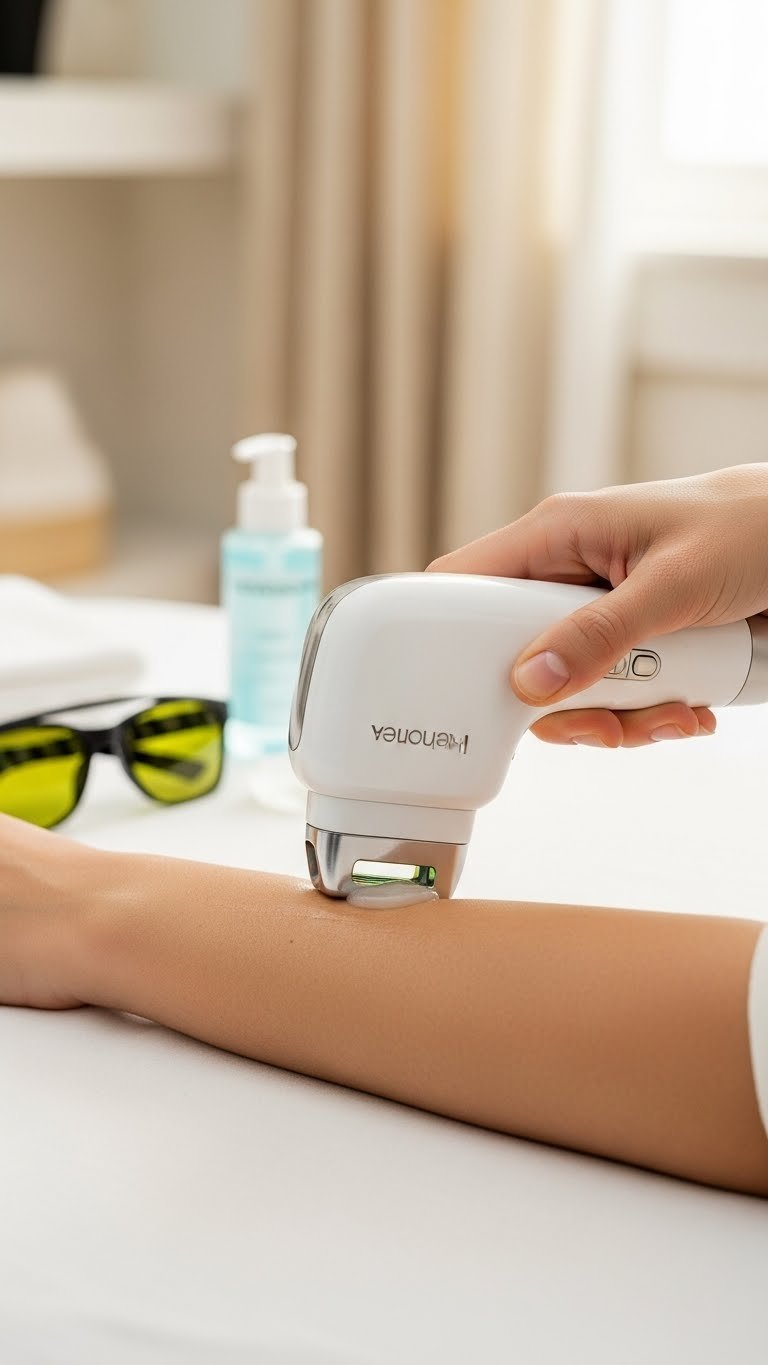 IPL device gliding across clean shaven skin demonstrating proper application technique with gentle contact