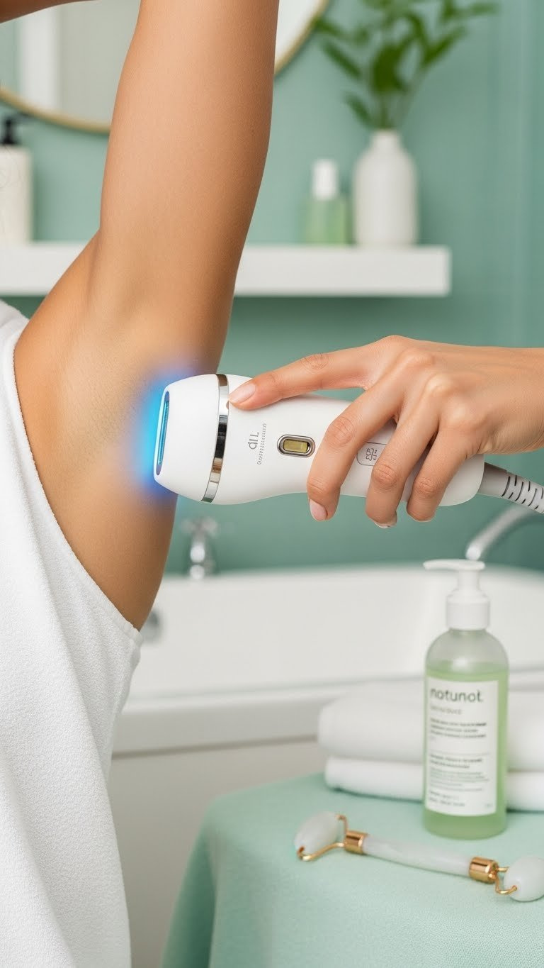 IPL device with cooling function applied to underarm showing calm skin without redness