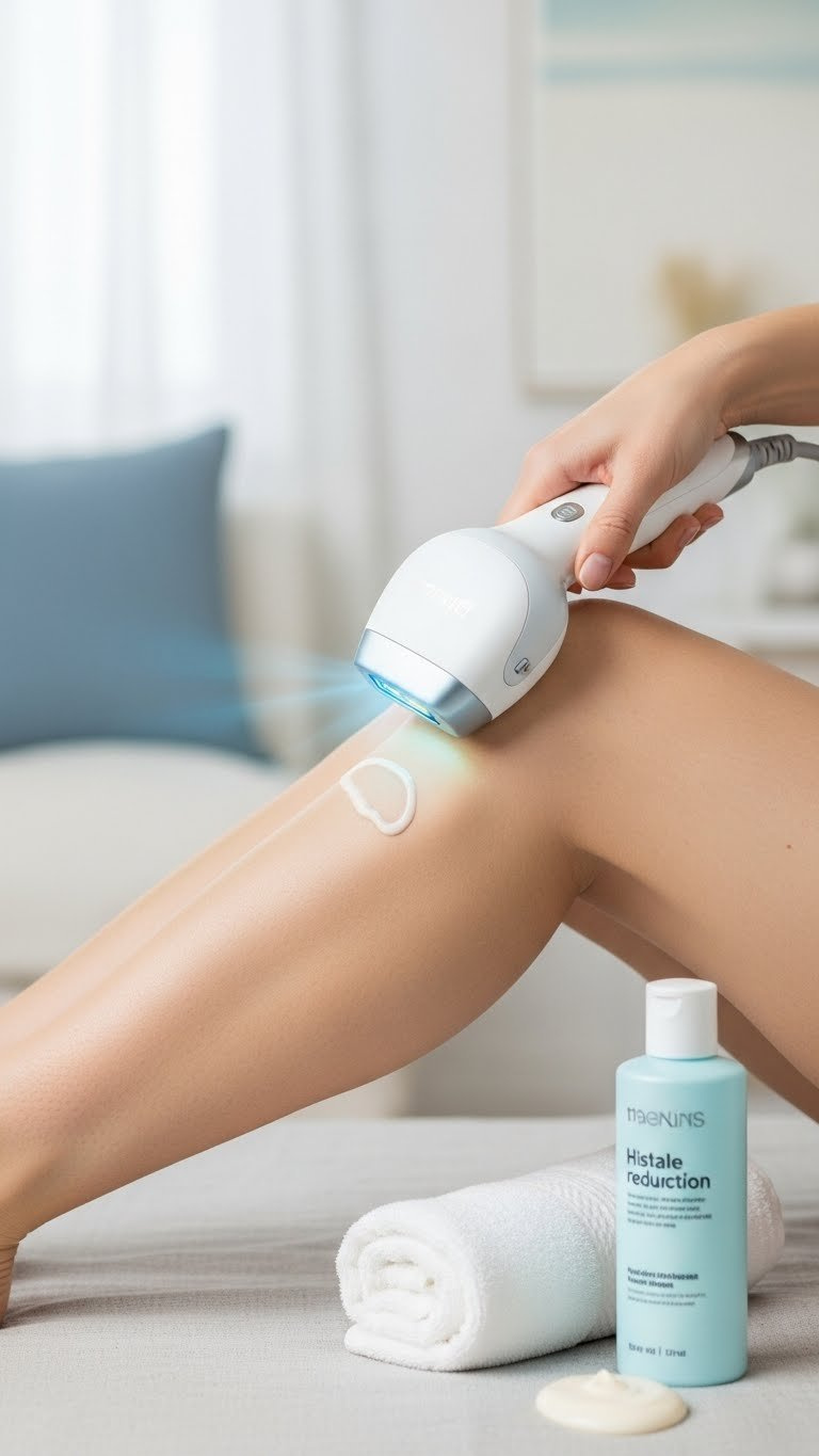 IPL hair removal device gently pressed against smooth leg showing visible hair reduction results