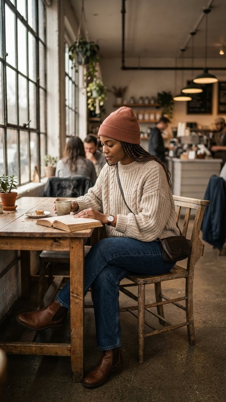 Individual in neutral sweater, straight-leg jeans, and Chelsea boots, in a cafe, for chic everyday winter style.