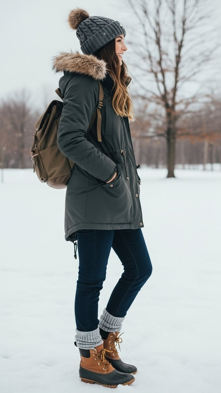 Individual in olive green water-resistant parka, faux fur hood, dark denim, winter boots, hat. Snowy outdoor scene, practical style.