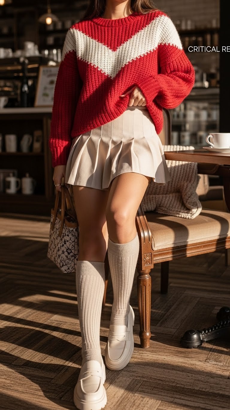 Individual wearing cozy Valentine's knit sweater and pleated mini skirt sitting in warm cafe interior setting