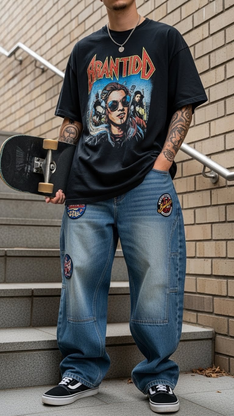 Individual wearing oversized graphic tee with baggy jeans on concrete urban staircase backdrop