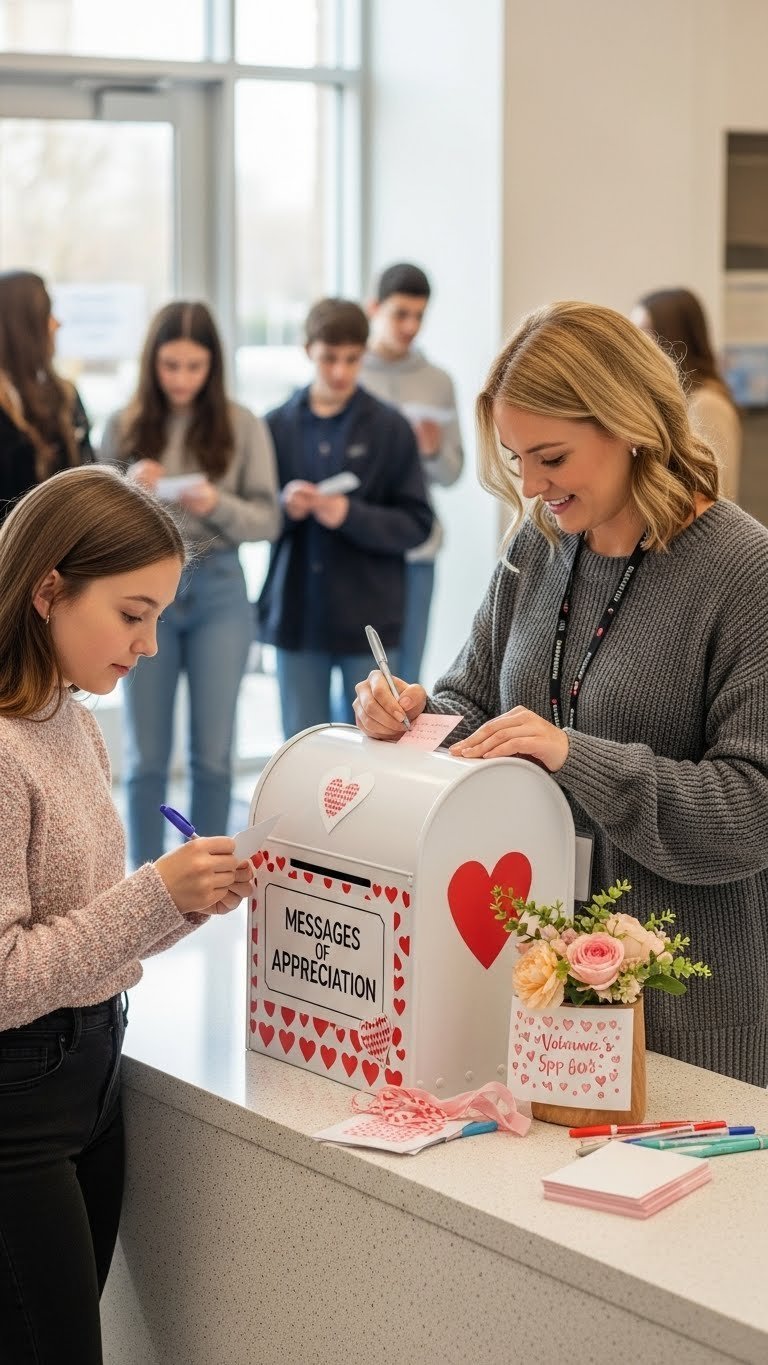 Individuals thoughtfully writing appreciation messages and dropping them into a decorated Valentine's themed drop box in a quiet common area.