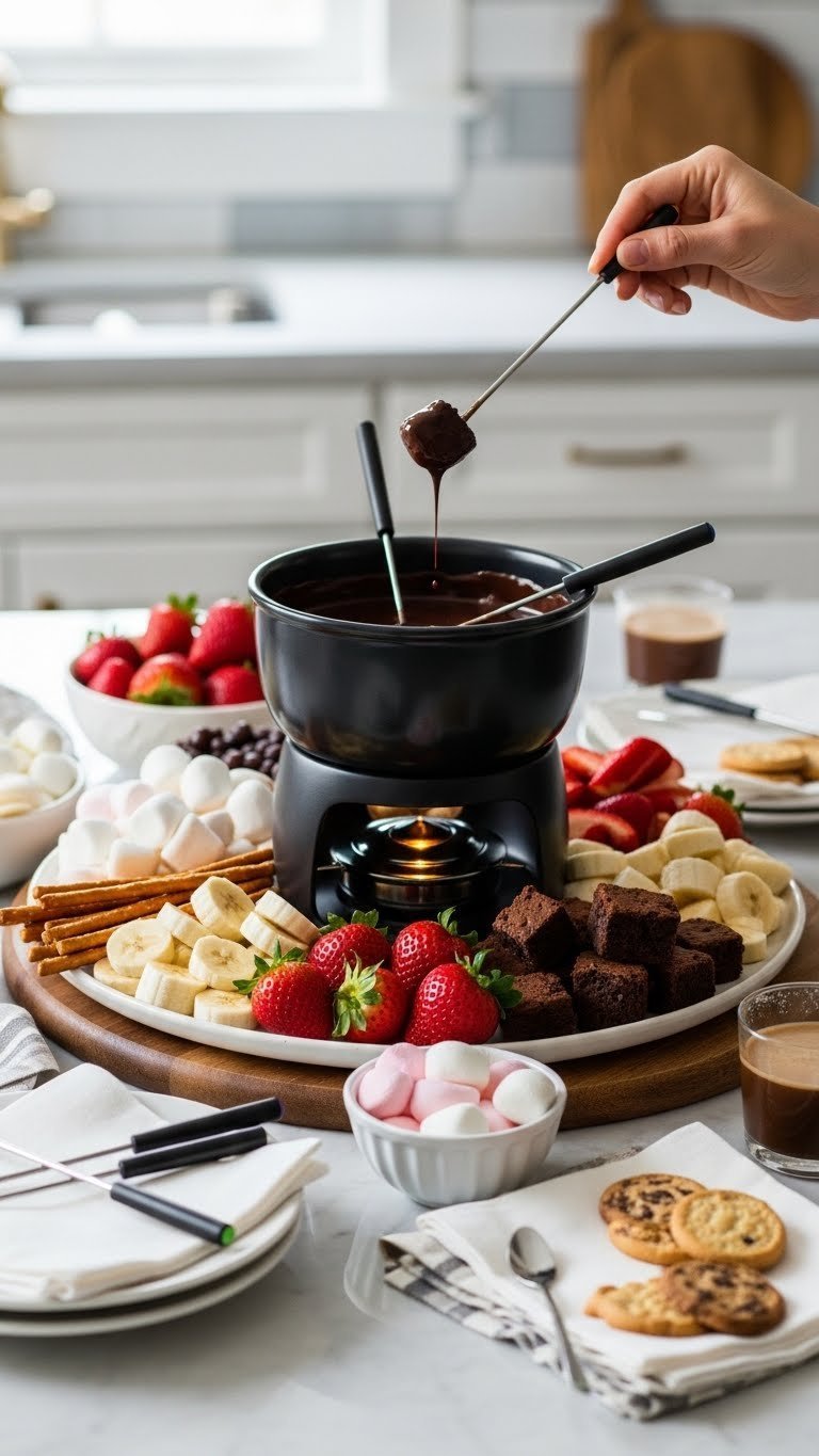 Indulgent chocolate fondue party spread with strawberries, marshmallows, brownies, and colorful dippables around warm fondue pot
