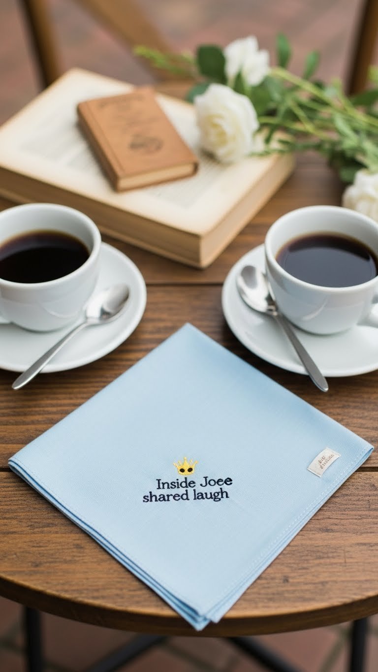 Inside joke embroidery on light blue cotton handkerchief with playful motif and rustic wooden table setting