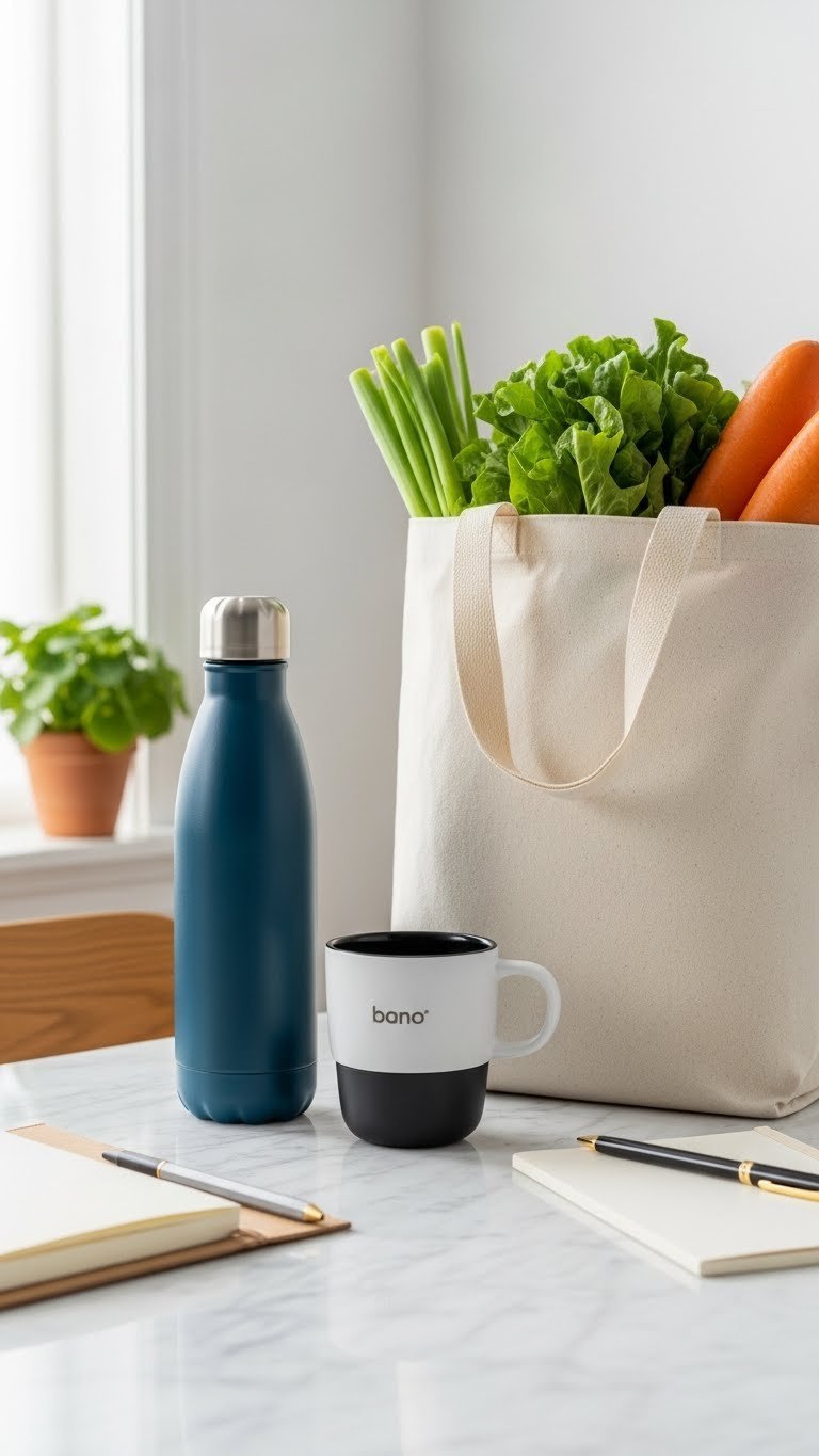 Insulated water bottle, smart mug, and reusable grocery bag arranged neatly on minimalist desk with plant