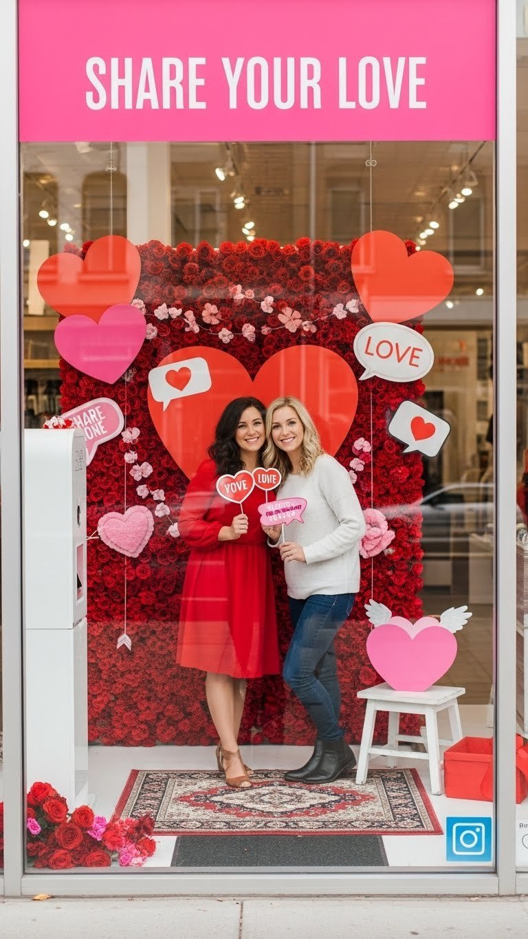 Interactive photo booth setup with romantic backdrop and Valentine's props in vibrant storefront window