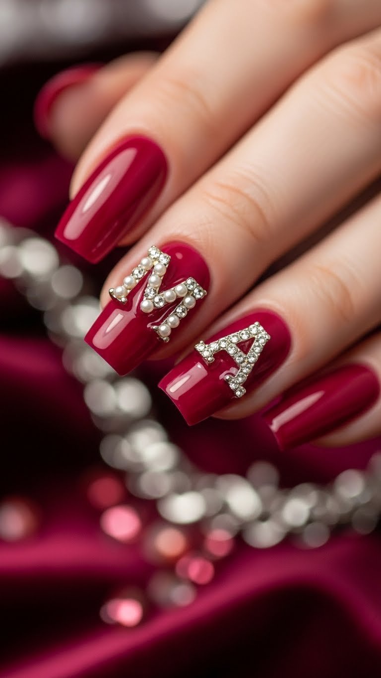 Intricate 3D pearl initial M embellishment on deep red nails casting shadows on dark velvet cloth