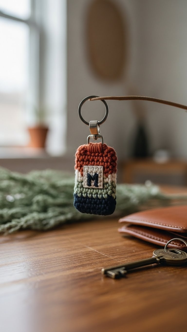Intricate crocheted personalized keychain with geometric design and metal ring on rustic wooden table