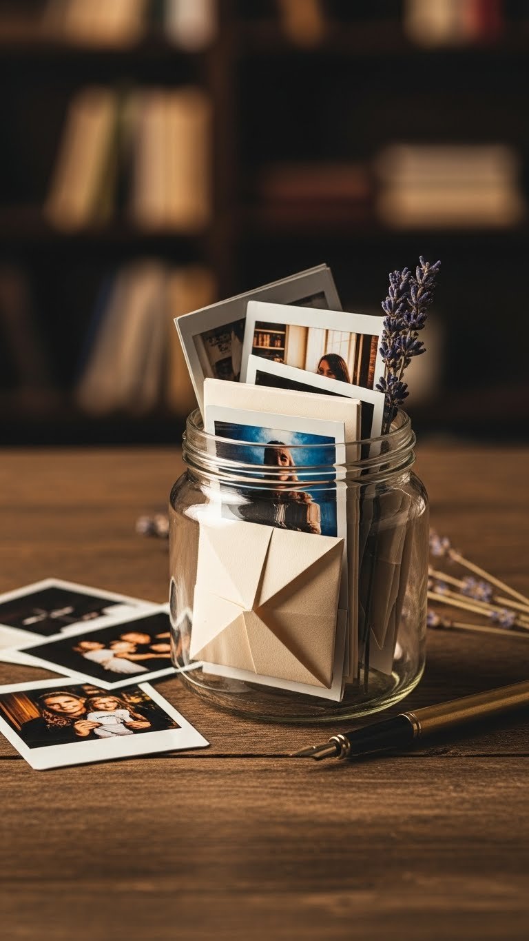 Intricately folded memory lane notes with miniature photos in vintage glass jar on aged wooden surface