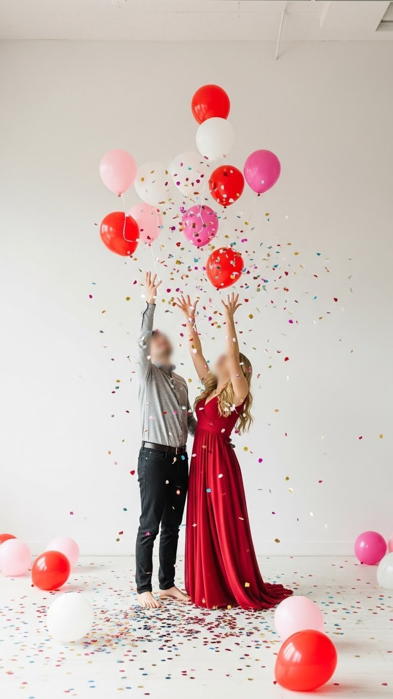 Joyful couple reaching up amidst colorful confetti blast with floating red, pink, and white balloons in festive setting