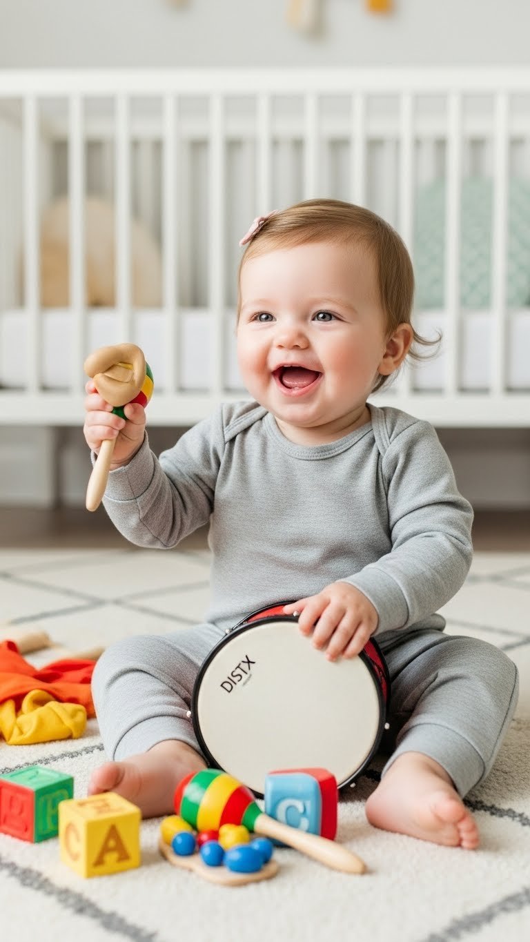 Joyful toddler playing with colorful musical instruments on neutral rug for sensory and auditory development