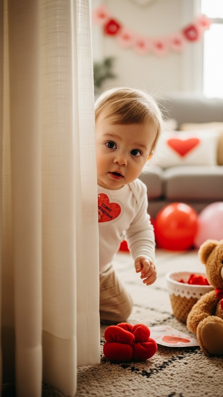 Joyful toddler searching for Valentine's Day scavenger hunt clue card in living room
