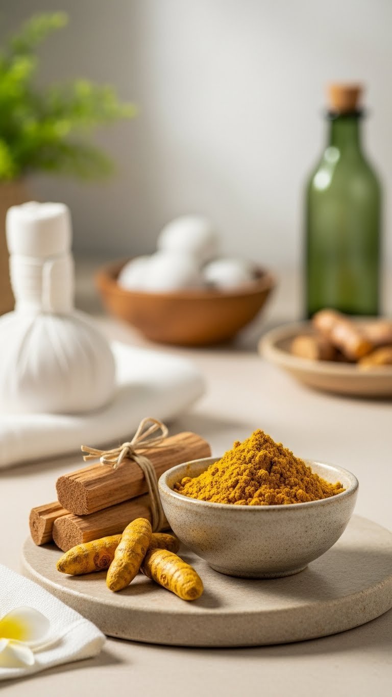 Kasturi turmeric and sandalwood powder paste in artisan bowl with dried roots and sticks arranged nearby