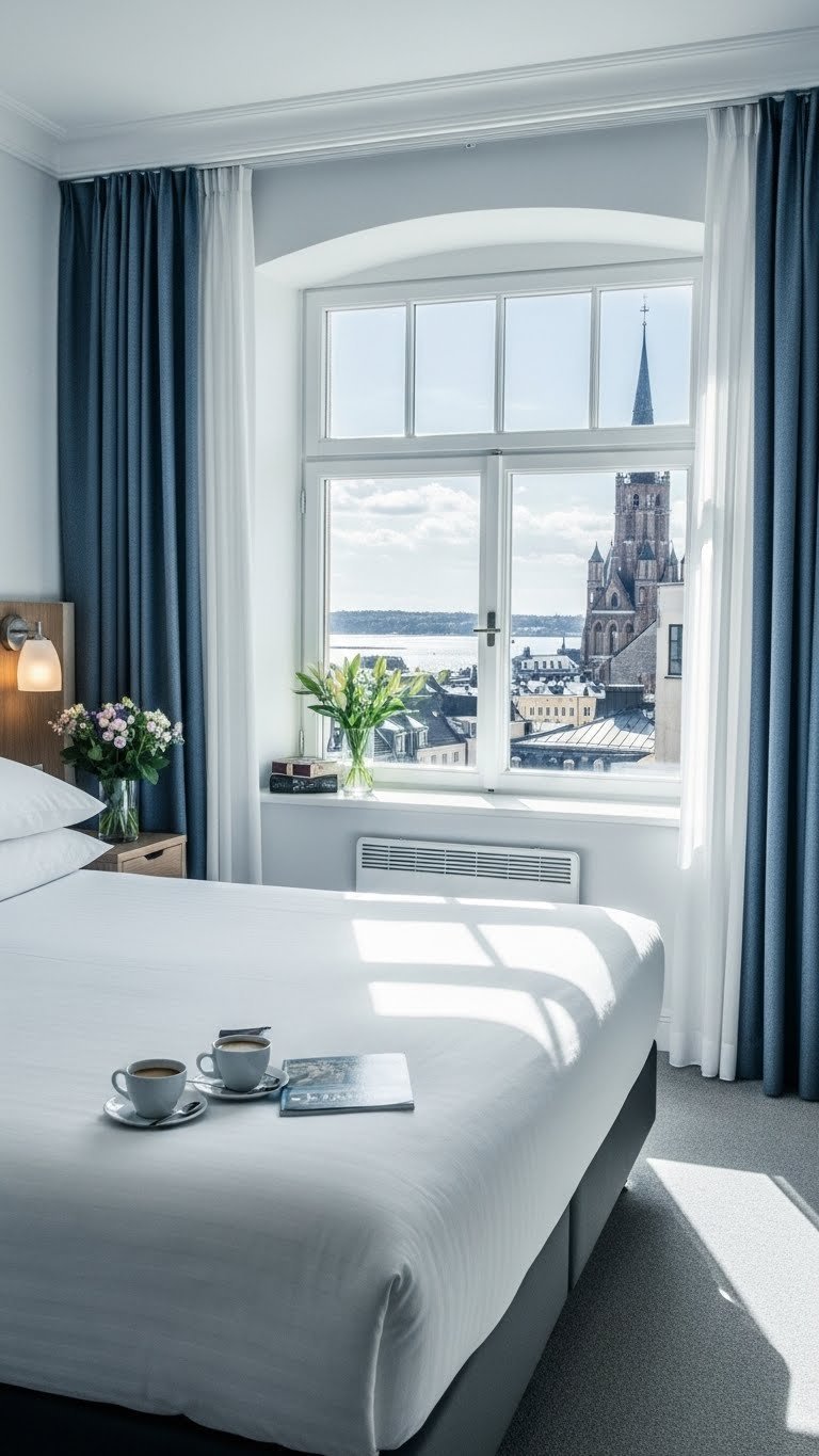 King-size bed with crisp white linens and scenic window view in cozy hotel room interior