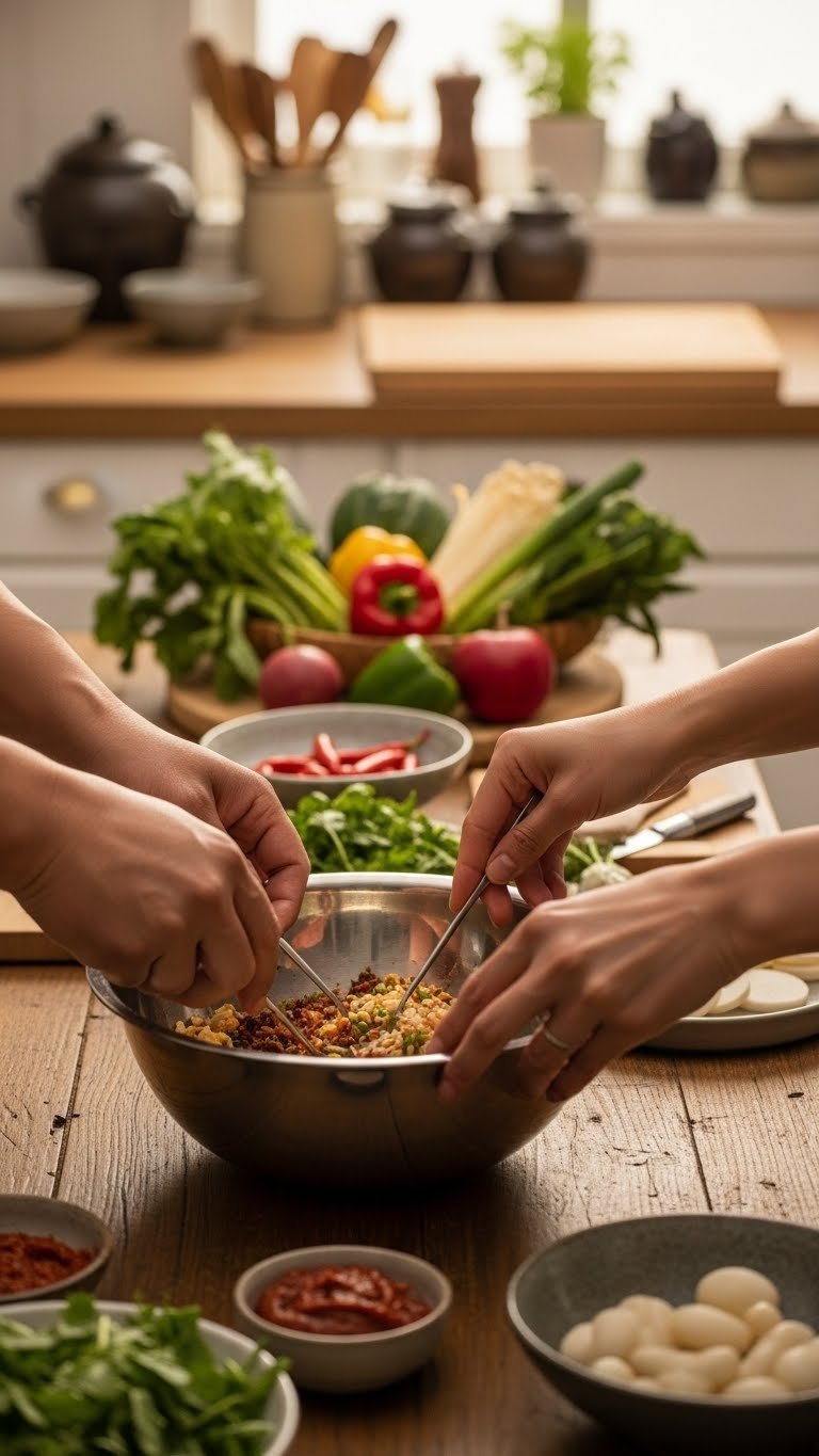 Korean cooking class scene showing hands mixing ingredients with fresh vegetables on rustic wooden table.