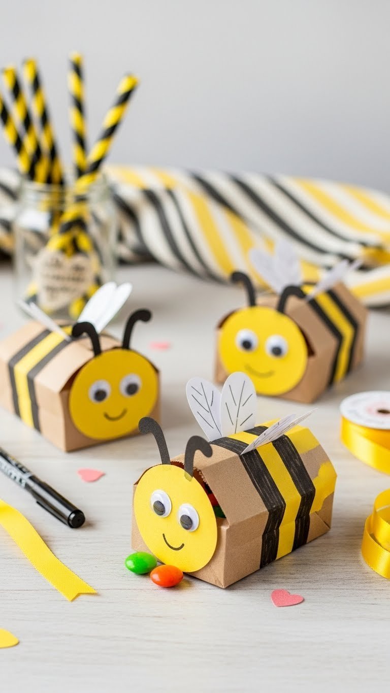 Kraft paper treat bags decorated as friendly bees with black and yellow stripes, googly eyes, and paper wings.