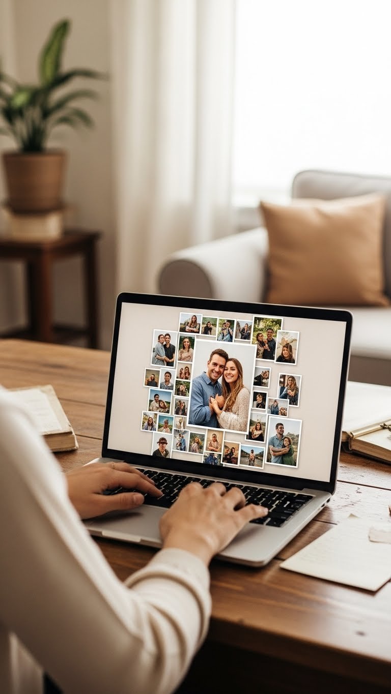 Laptop displaying animated glitter sparkle Valentine's Day virtual background on glass desk with studio lighting