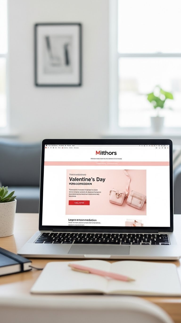 Laptop displaying personalized Valentine's Day email campaign with product recommendations on light wooden desk.