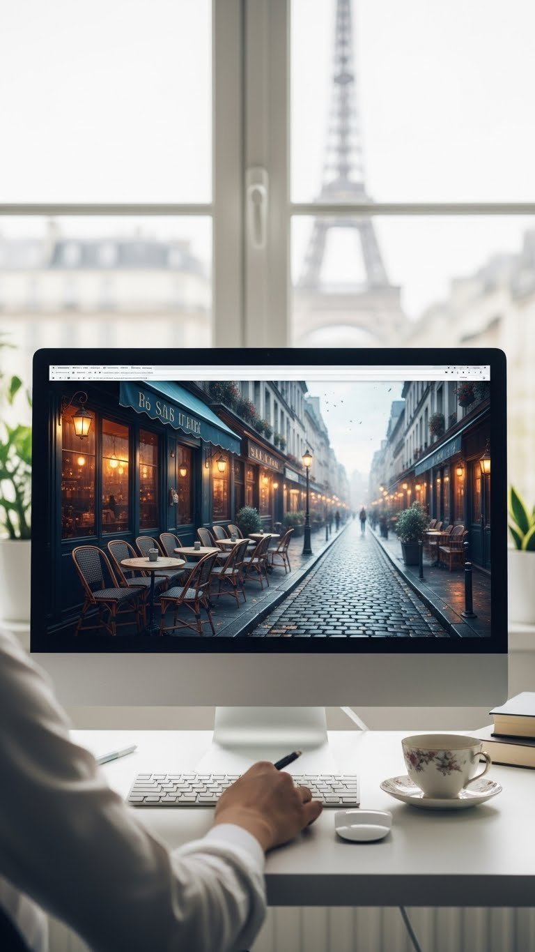 Laptop screen showcasing sentimental photo collage virtual background on rustic wooden table