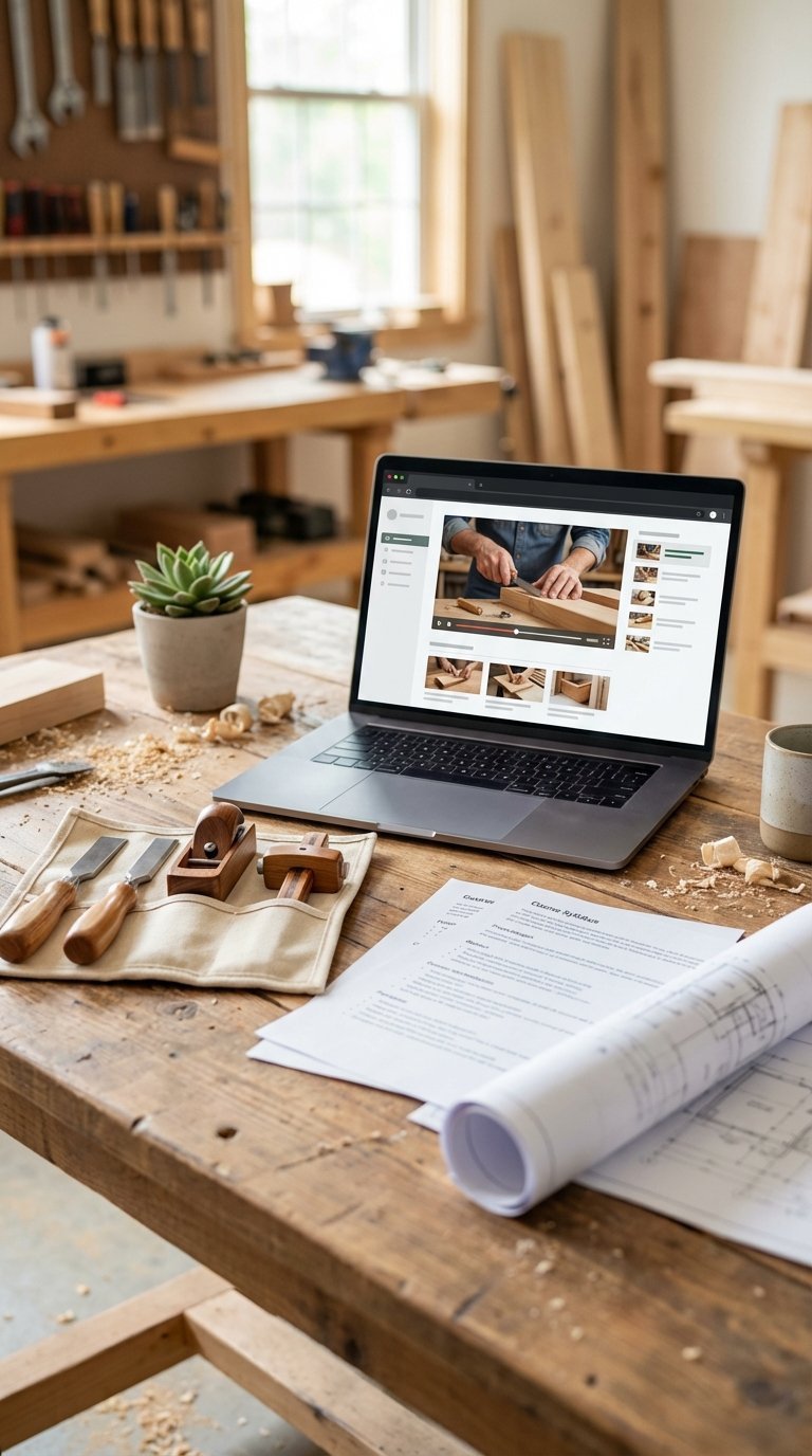 Laptop showing online woodworking course with hand tool kit and syllabus on rustic wooden desk