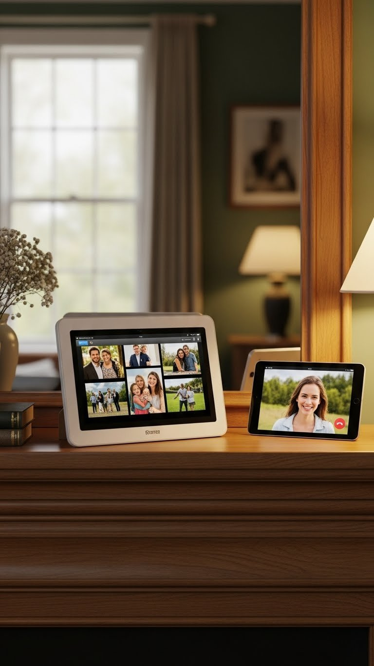 Large-screen digital photo frame displaying family pictures on mantelpiece with soft natural lighting