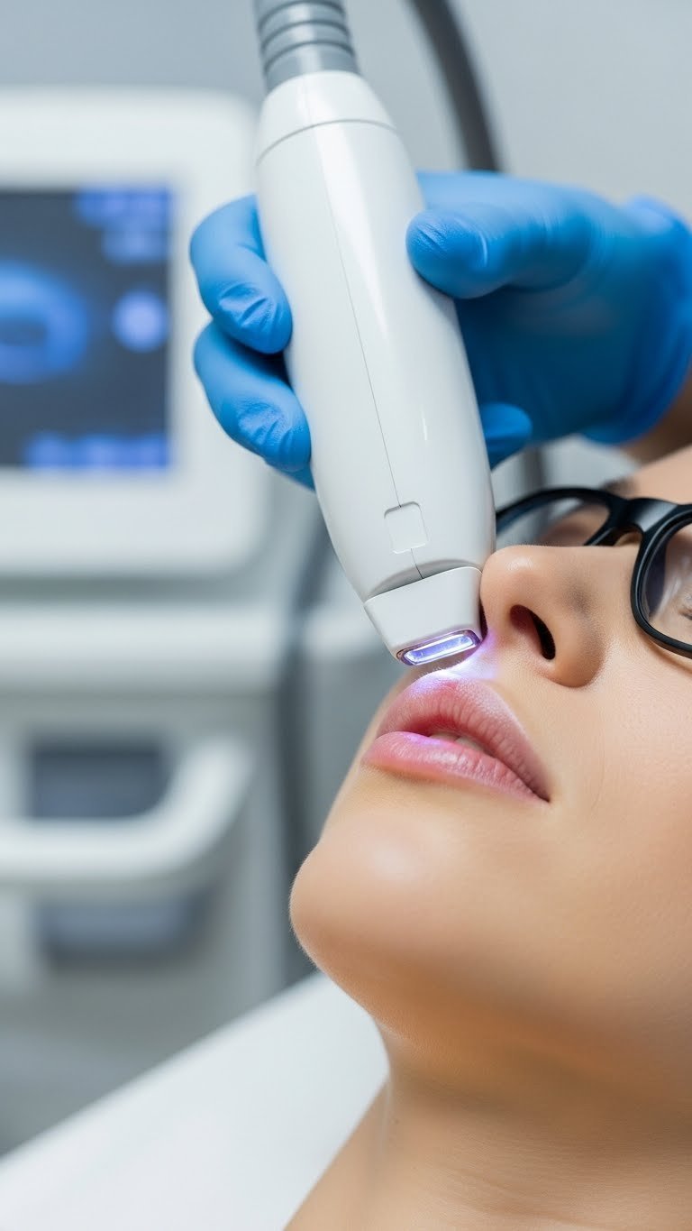 Laser hair removal device applicator touching woman's upper lip with subtle glow indicating treatment progress