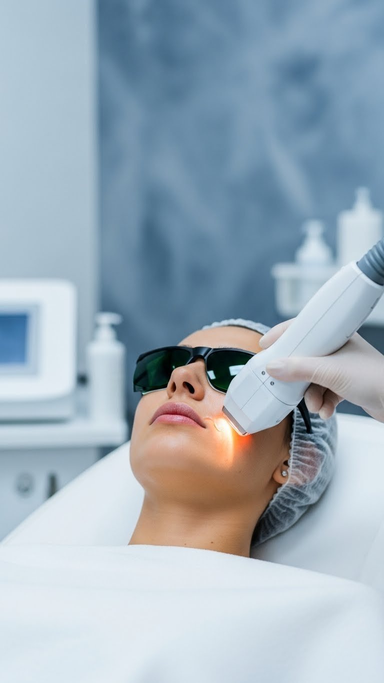 Laser hair removal device emitting focused beam on woman's upper lip in modern clinical treatment setting