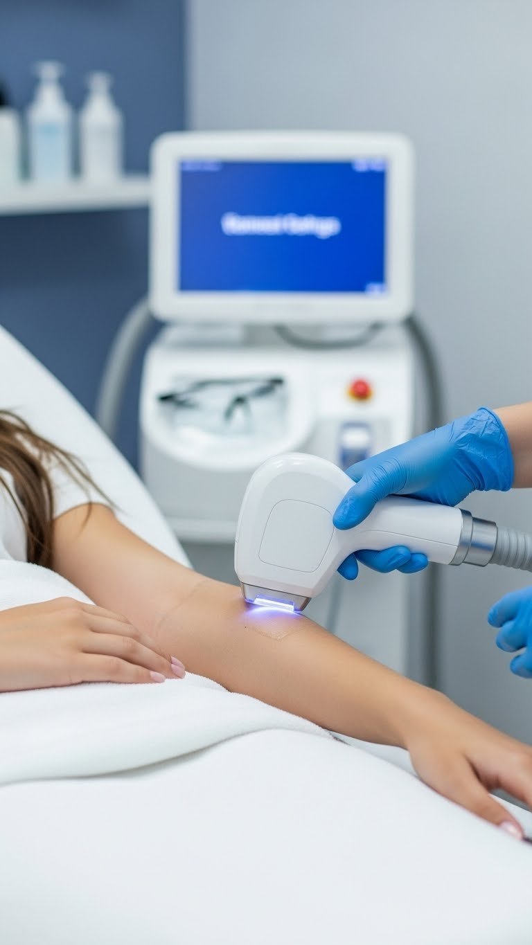 Laser hair removal device held against teen's skin emitting soft light in professional clinic setting