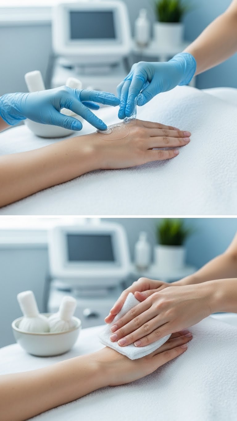 Laser hair removal session showing cooling gel application and aftercare compress