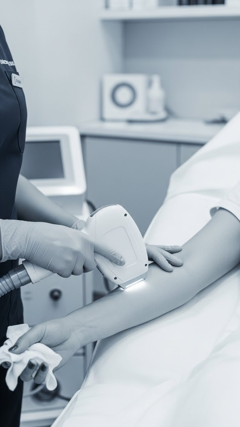 Laser hair removal technician's gloved hand holding modern laser device on client's arm in clinical setting.